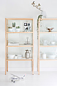 Crockery on pale wooden shelves with glass doors