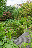 Idyllic garden pond with wooden footbridge