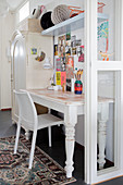 White desk and chair below colourful pictures on wall