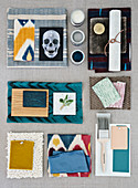 Mood board with different fabrics, color patterns, and materials