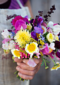 Summer bouquet of sweet peas, everlasting flowers, chrysanthemums, dill flowers and spinach seeds