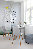 Winter mural with trees in the dining room in shades of gray