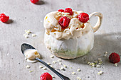 Homemade ricotta vanilla gelato ice cream served in ceramic mug with spoon, fresh raspberries and elderflowers