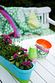 A flower box, cups and colourful bowls on a garden table