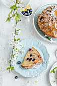 Easter cake with blueberries and lemon, sprinkled with powdered sugar