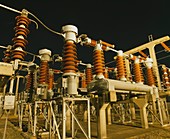 Electricity substation at night.