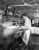Page cutting guillotine in use at printing company, 1959