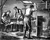 Hand-scutchers at work, c1880