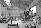 Depot where cabs were fitted with charged batteries, 1899