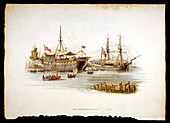 Prison ships in the Thames off the Tower of London, 1805
