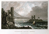 Suspension bridge over the Conwy estuary, Wales, c1840