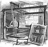 A Spitalfields silk weaver at his hand loom, 1884