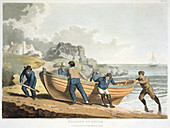 Seamen hauling a clinker-built dinghy onto the shore, 1821