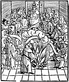 Pope Leo X supervising the burning of Martin Luther's books