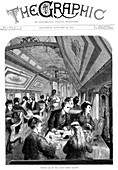 Dining car on the Union Pacific Railroad, USA, 1870