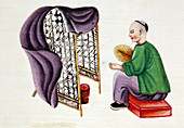 Man drying silkworm cocoons, 19th century
