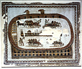 Chariot race in the arena, Roman mosaic, 2nd century