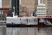 Ice-covered bulk cargo carrier on the Detroit River