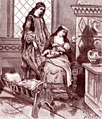 Queen breastfeeding her baby, historical illustration