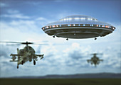 UFO and helicopters, illustration