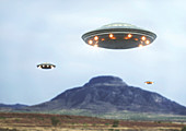 UFOs above hills, illustration