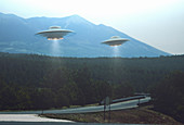 UFOs over road, illustration