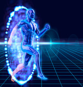 Man breaking through illuminated barrier, illustration