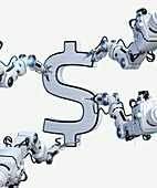 Robotic arms with tools repairing dollar sign, illustration