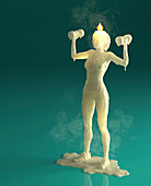 Melting wax candle of woman weight training, illustration