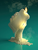 Melting wax candle of hand holding smart phone, illustration