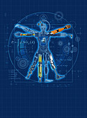 Blueprint for robotic Vitruvian Man, illustration