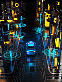 Driverless car in futuristic city street, illustration