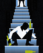 Woman standing over drunk man on stairs, illustration