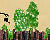 Hand watering trees in urban city, illustration