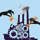 Hands oiling and improving cogs, illustration