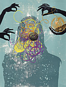 Hands untangling wool from inside woman's head, illustration