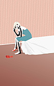 Drunk woman sitting on edge of bed, illustration