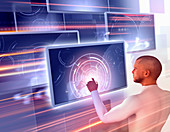 Man using touch screen technology, illustration