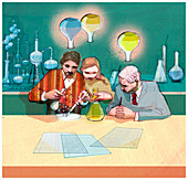 Scientists working on experiments, illustration