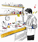 Scientist using bunsen burner in laboratory, illustration