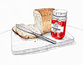 Slice of bread and jar of jam, illustration
