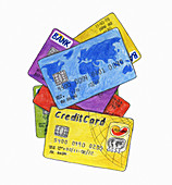 Heap of different credit cards, illustration