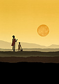 Mother and daughter watching sun, illustration