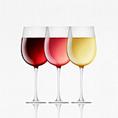 Red, white and rose wine in glasses, illustration