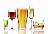 Range of different alcoholic drinks in a row, illustration