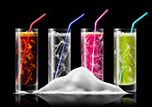 Pile of sugar in front of fizzy drinks, illustration