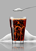 Glass of cola in front of pile of sugar, illustration