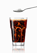Teaspoon of sugar above glass of cola, illustration