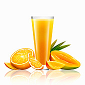 Fresh mango and orange and glass of juice, illustration