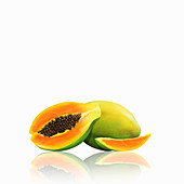 Fresh papaya, whole, half and slice, illustration